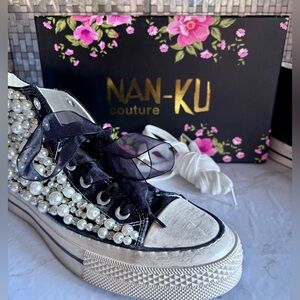 Man-Ku Couture Pearl Embellished High-Top Sneakers